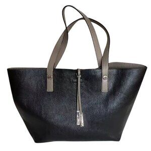 Calvin Klein Black Gray Reversible Leather Tote Bag Magnetic Closure Logo